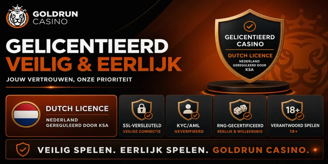 Goldrun Casino met informatie over licenties, SSL-beveiliging, KYC-verificatie en verantwoord spelen